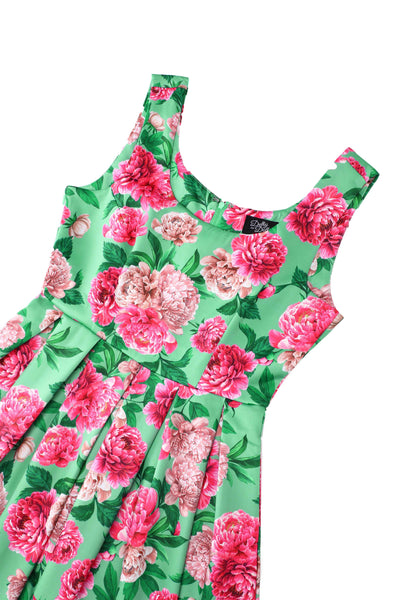Close up view of Amanda Pink Peony Flared Dress In Mint Green