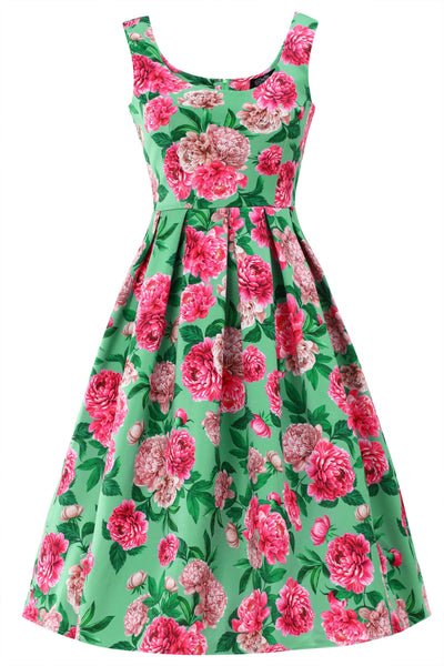 Front view of Amanda Pink Peony Flared Dress In Mint Green