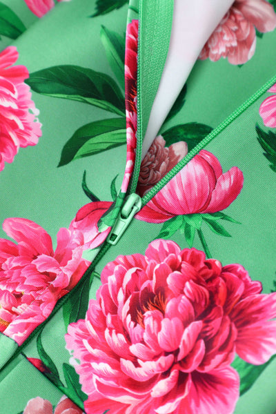 Close up view of Amanda Pink Peony Flared Dress In Mint Green