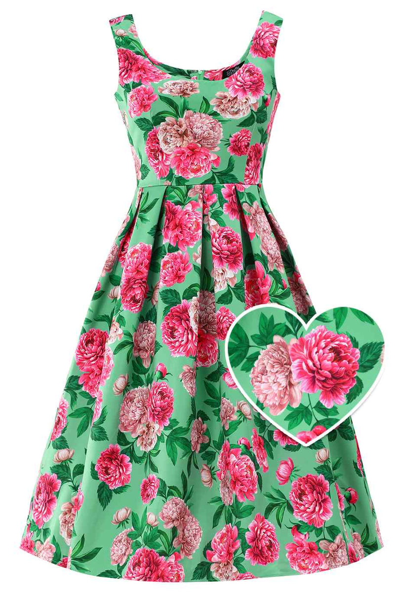 Pink Peony Flared Dress In Mint Green With Box Pleats Pink Peony Flared Dress In Mint Green With Box Pleats