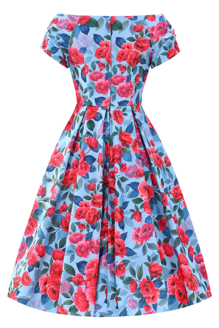 open lace back dress Women's Off Shoulder Dress In Blue Peony Print