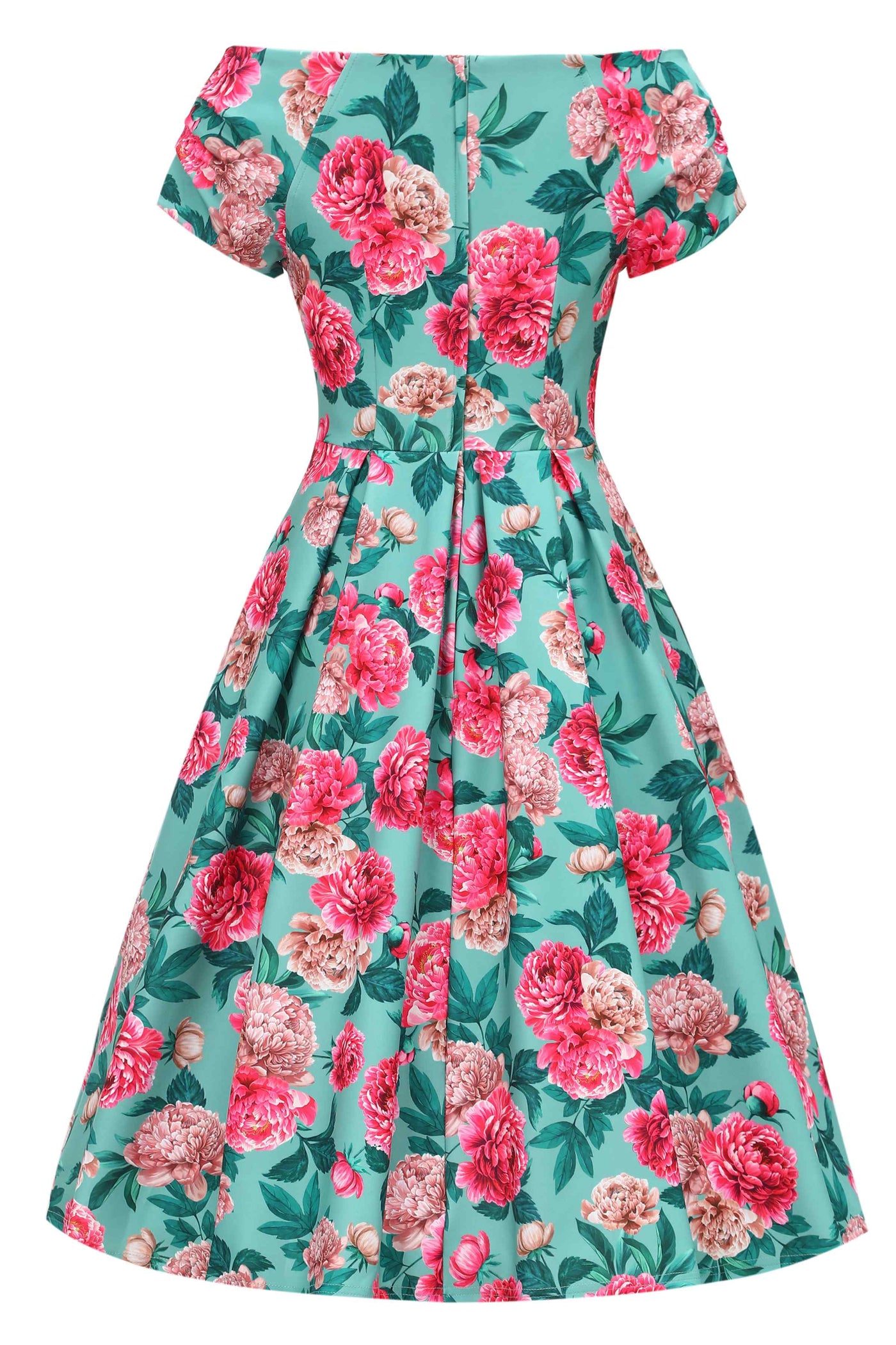 Back view of Pink Peony Off Shoulder Dress In Mint Green