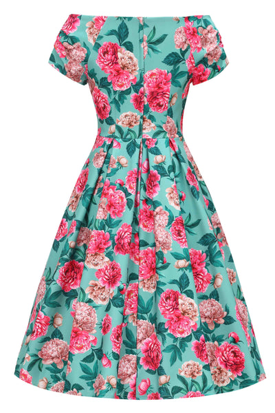 Back view of Pink Peony Off Shoulder Dress In Mint Green