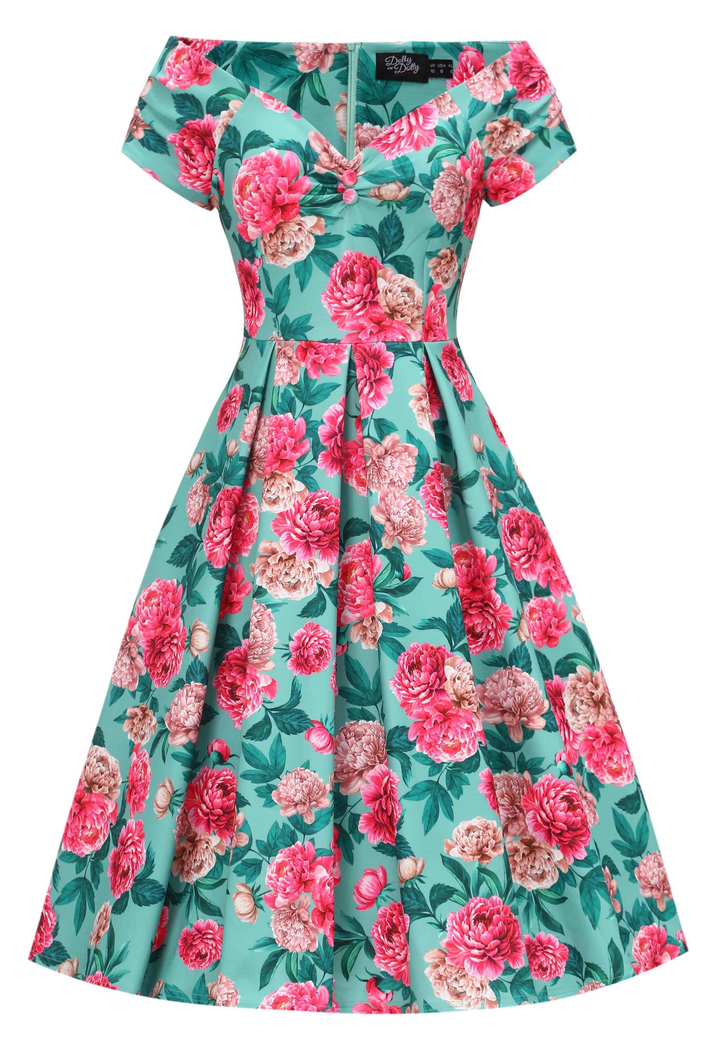 Front view of Pink Peony Off Shoulder Dress In Mint Green