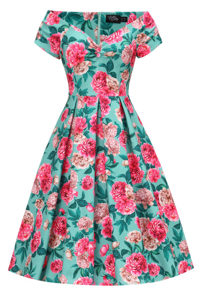 Front view of Pink Peony Off Shoulder Dress In Mint Green