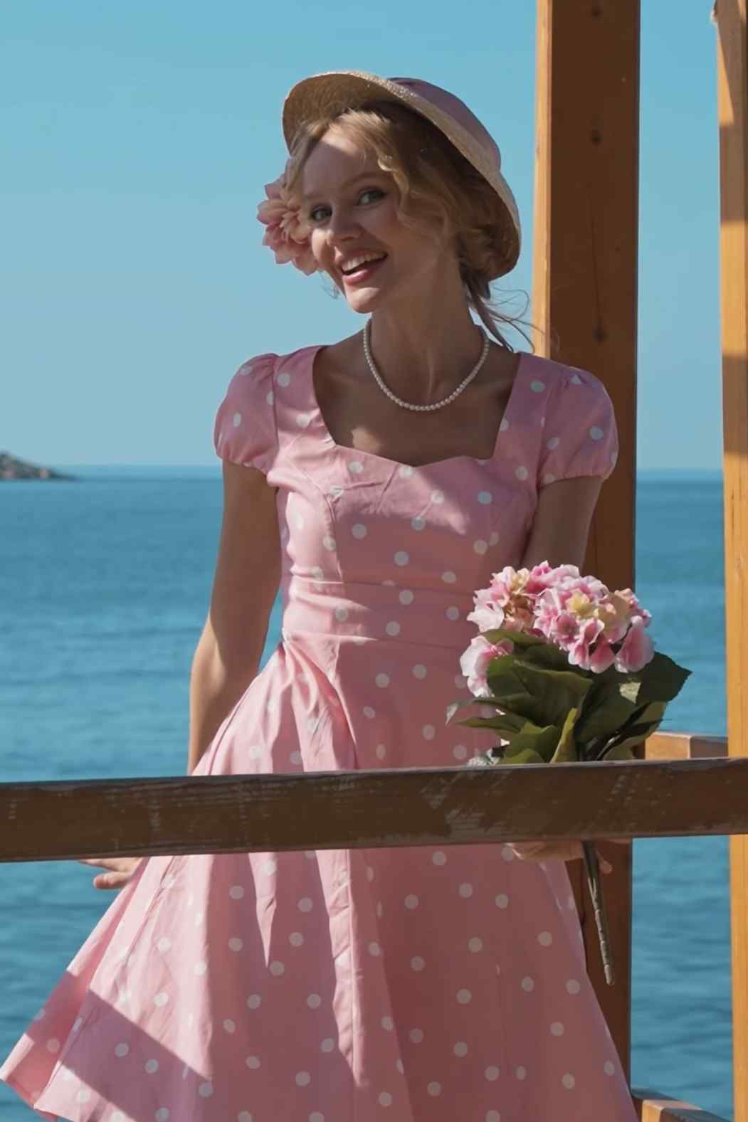 Claudia Skater Dress In Pink Polka Dots