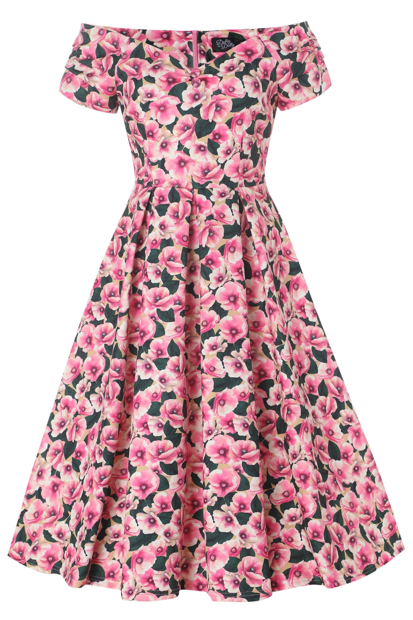 Front view of Pink Poppy Off Shoulder Dress