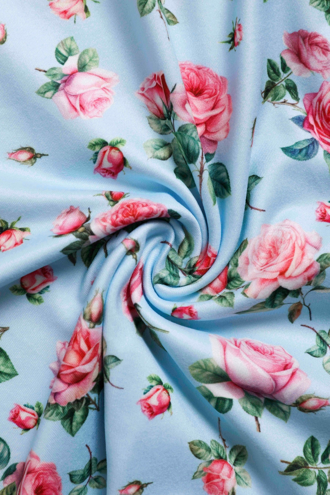 Close up view of Pink Rose Day Dress In Baby Blue