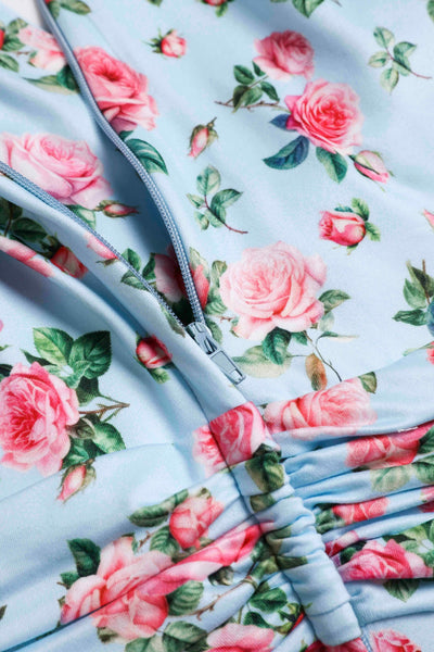 Close up view of Pink Rose Day Dress In Baby Blue