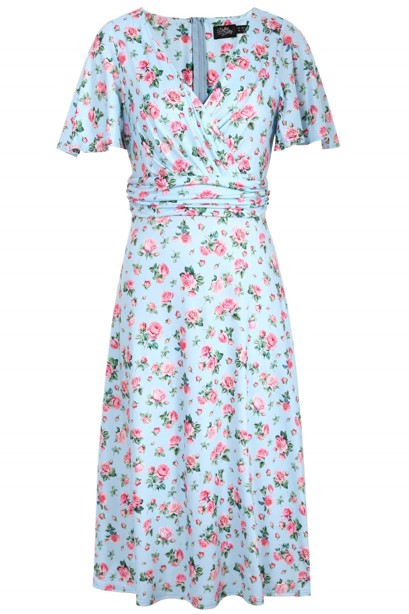 Front view of Pink Rose Day Dress In Baby Blue