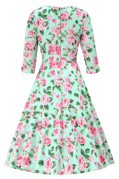 Back view of Pink Rose Midi Dress In Baby Blue