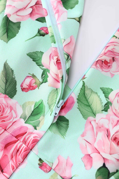 Close up view of Pink Rose Midi Dress In Baby Blue