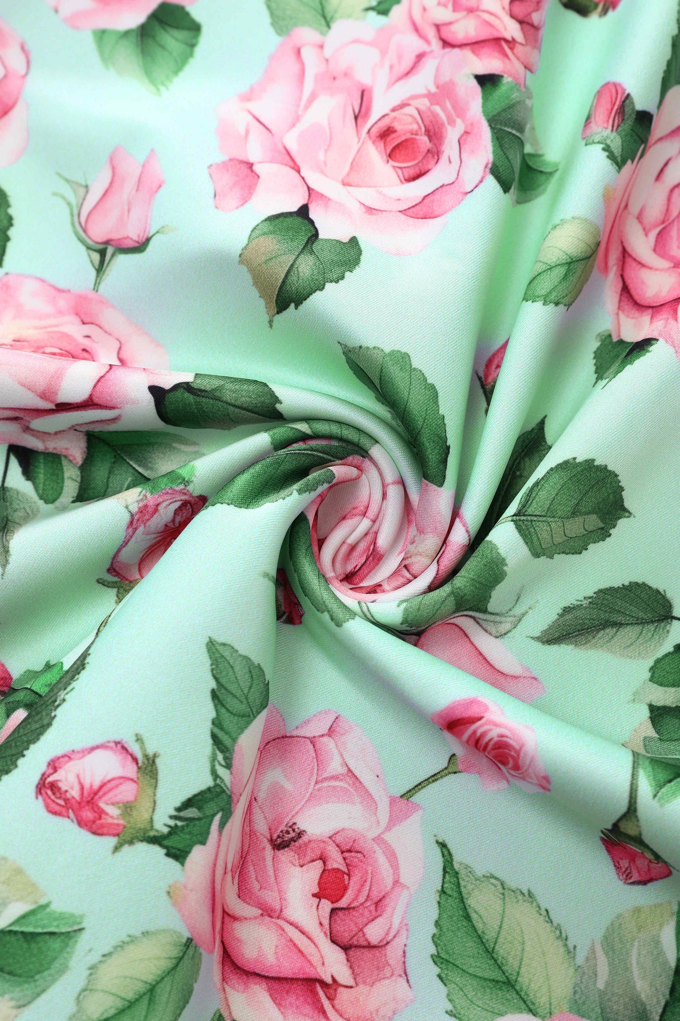Close up view of Pink Rose Midi Dress In Baby Blue