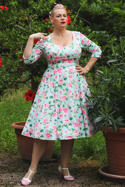 A model wearing a Pink Rose Midi Dress In Baby Blue