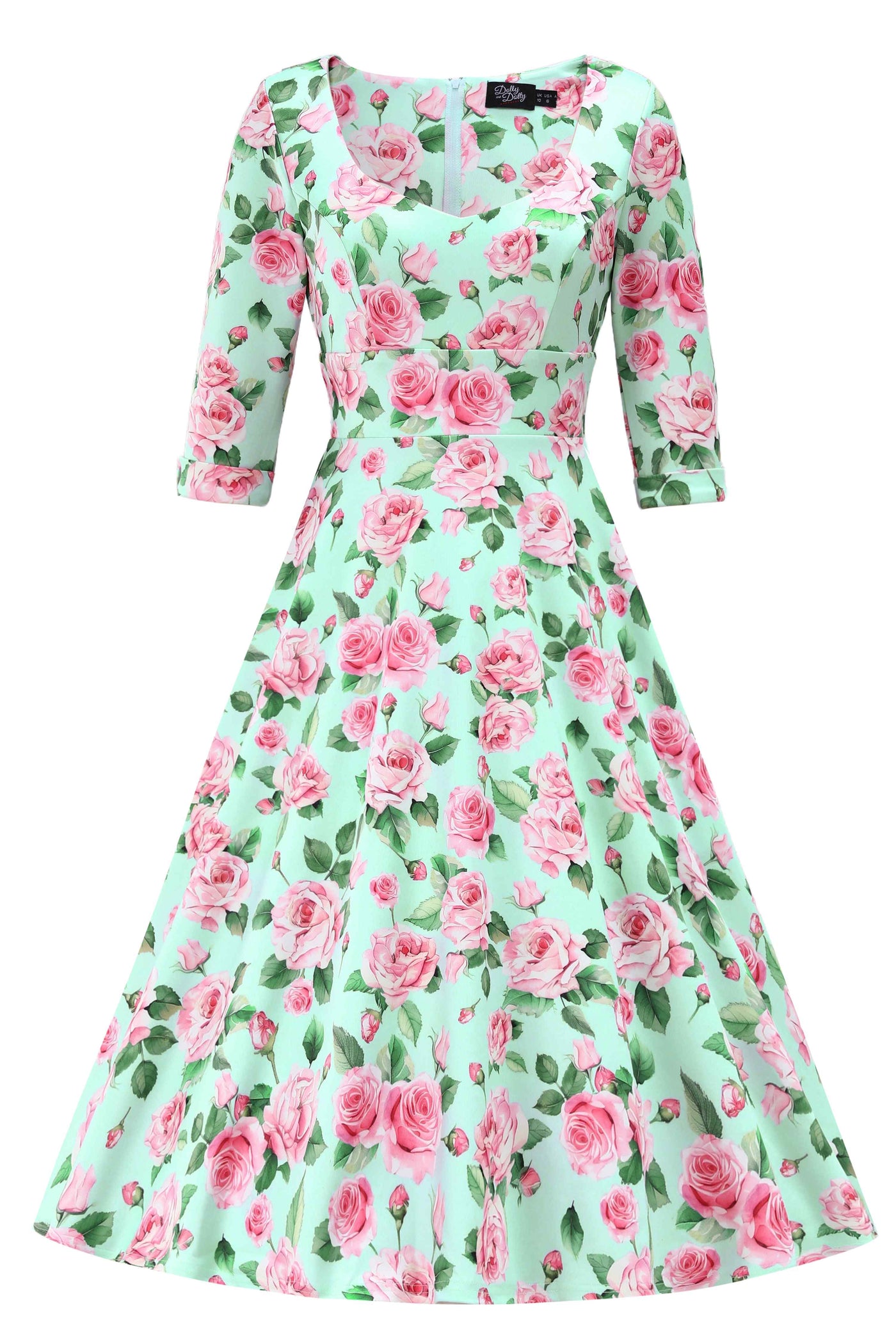 Front view of Pink Rose Midi Dress In Baby Blue
