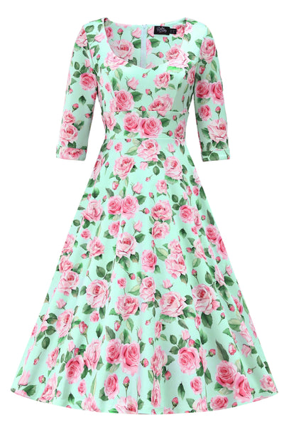 Front view of Pink Rose Midi Dress In Baby Blue