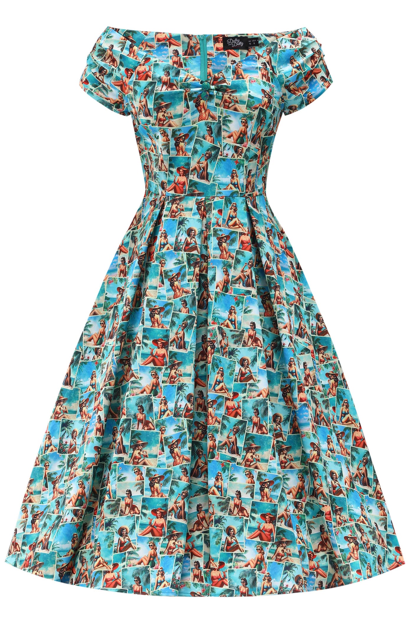 Front view of Lily Pinup Postcard Off Shoulder Dress