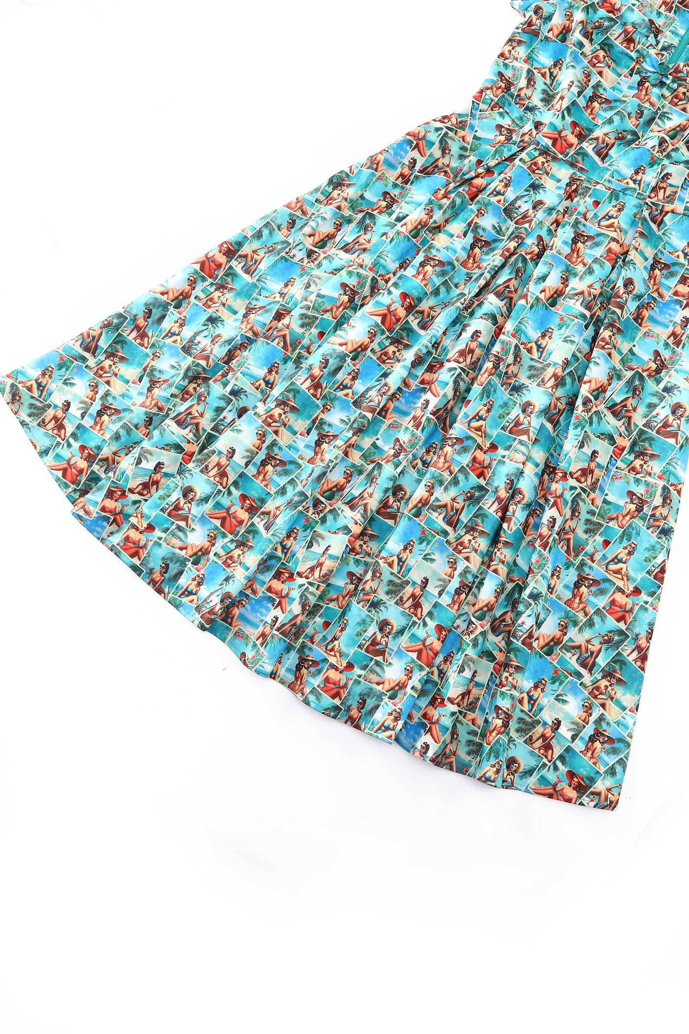 Close up view of Lily Pinup Postcard Off Shoulder Dress