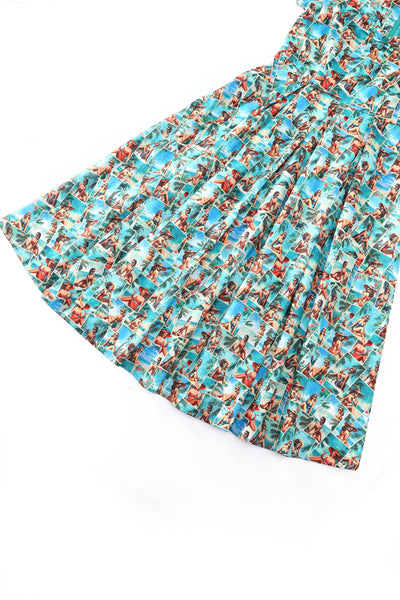 Close up view of Lily Pinup Postcard Off Shoulder Dress