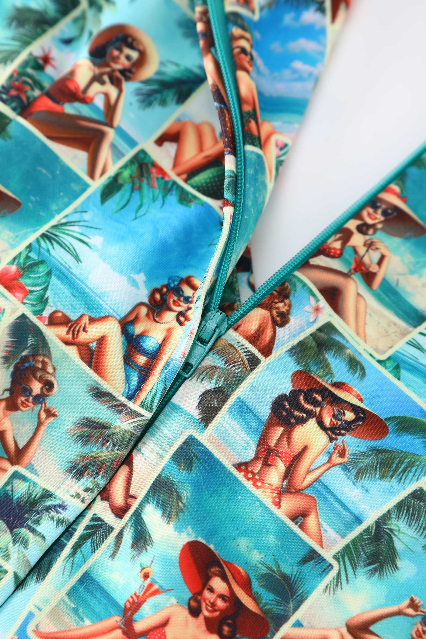 Close up view of Lily Pinup Postcard Off Shoulder Dress