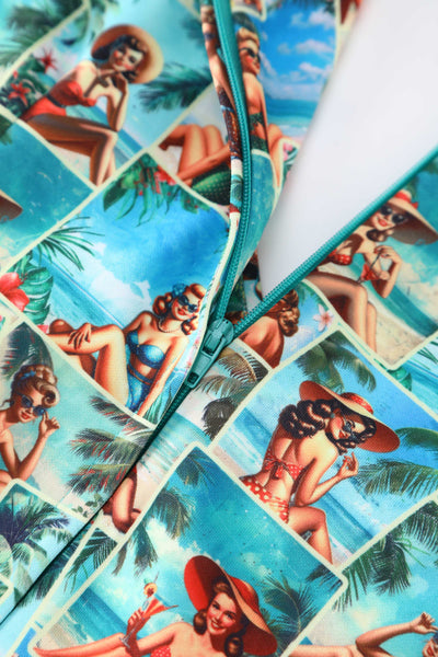 Close up view of Lily Pinup Postcard Off Shoulder Dress