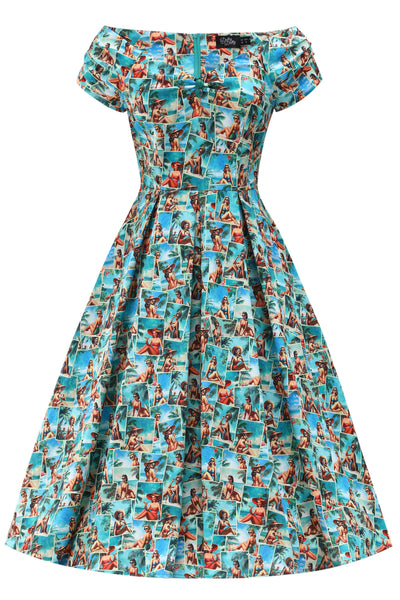 Front view of Lily Pinup Postcard Off Shoulder Dress