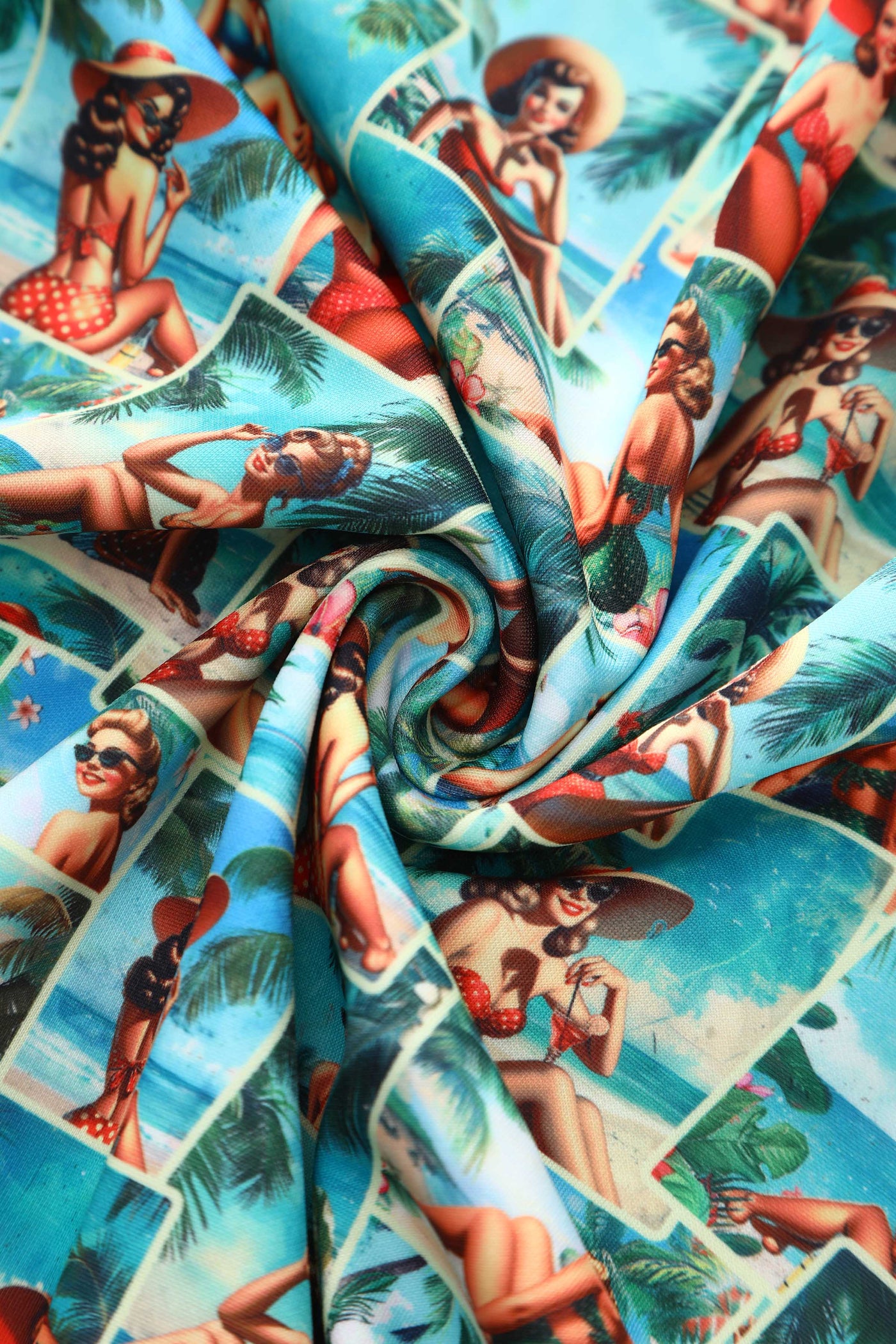 Close up view of Lily Pinup Postcard Off Shoulder Dress
