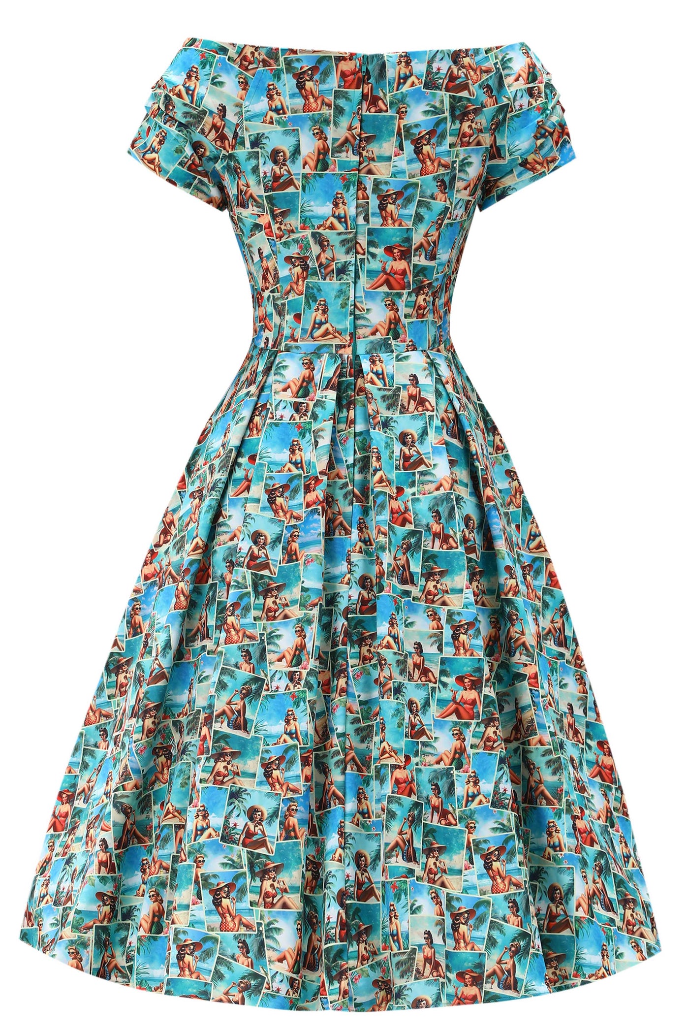 Back view of Lily Pinup Postcard Off Shoulder Dress