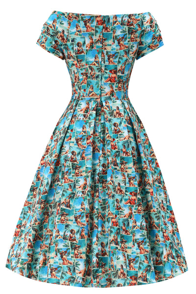 Back view of Lily Pinup Postcard Off Shoulder Dress