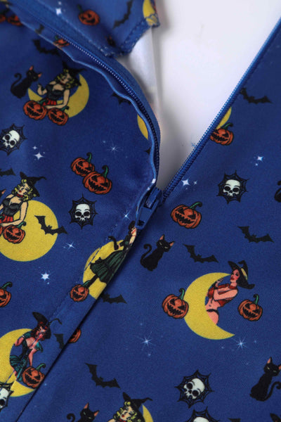 Close up View of Pinup Witch Print Long Sleeved Dress in Blue