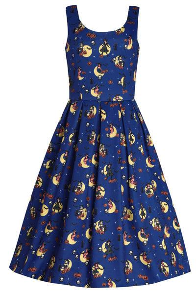 Front view of Witch Print in Blue Sleeveless Swing Dress