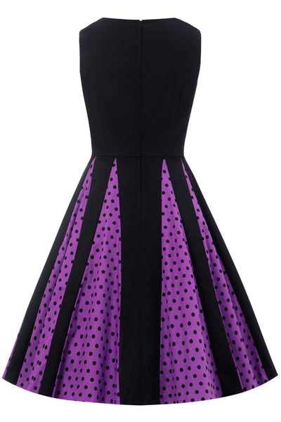 Back view of  Pleated Black Dress With Purple Polka Dots