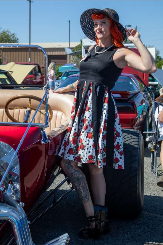 Judith Pleated Black Dress With Retro Roses & Spots