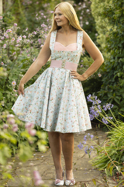Model photo of Pleated Bust Dress in Baby Blue/Pink Floral Print