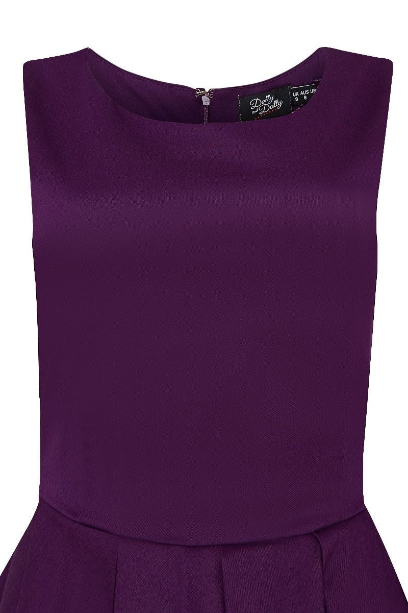 Close up view of Lola Purple Box Pleated Flared Dress