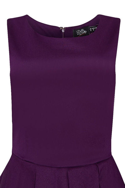 Close up view of Lola Purple Box Pleated Flared Dress