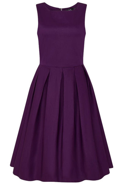 Front view of Lola Purple Box Pleated Flared Dress