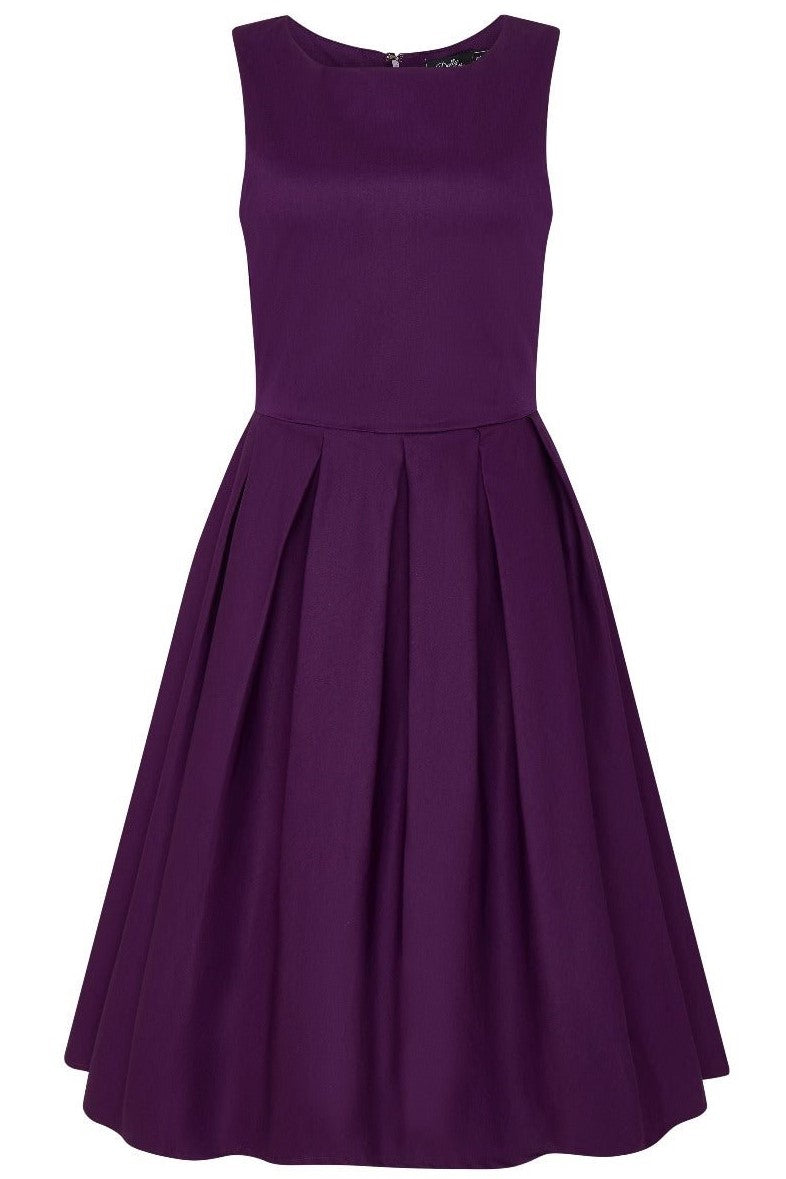 Front view of Lola Purple Box Pleated Flared Dress
