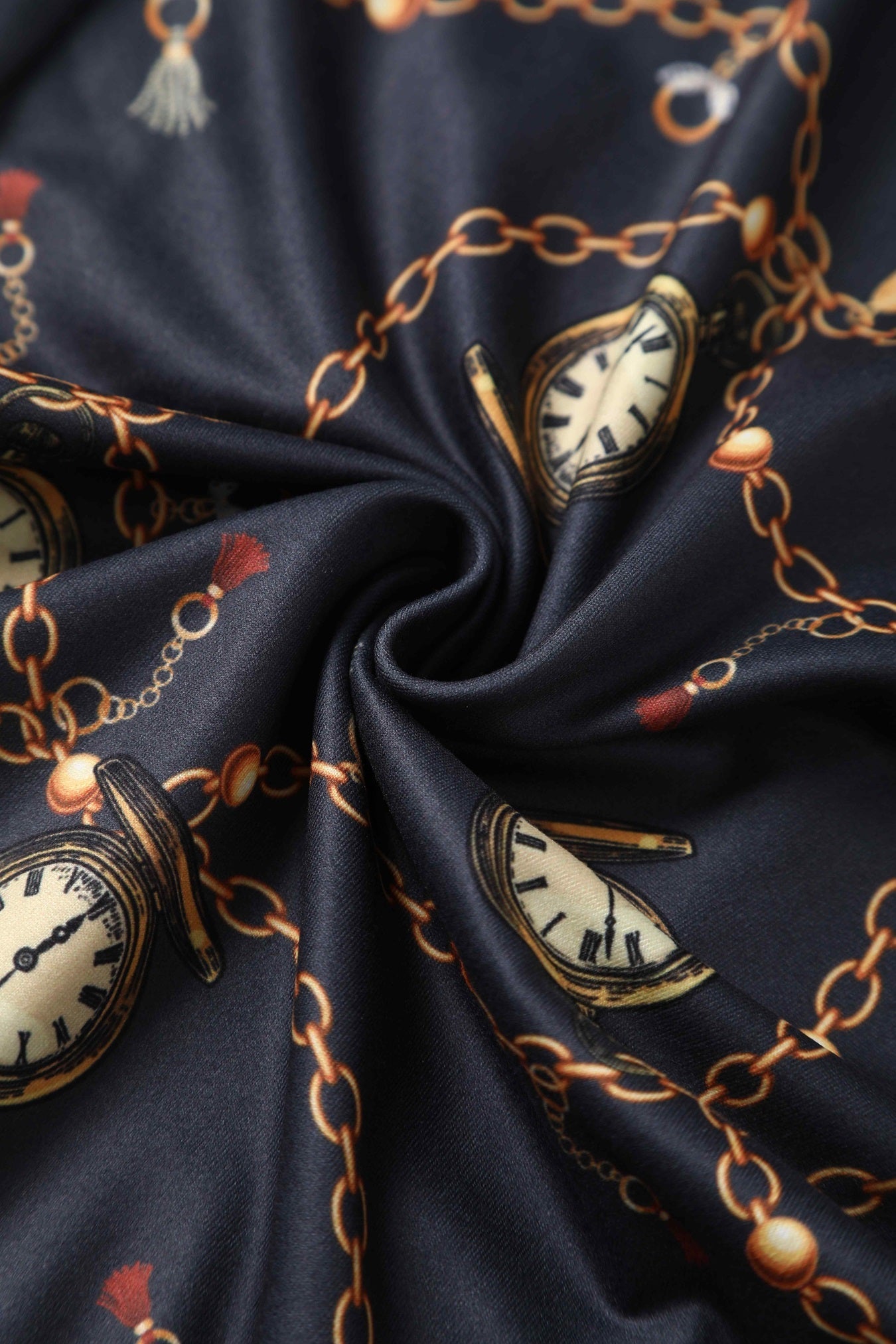 Close up View of Pocket Watch Print Jumpsuit in Black