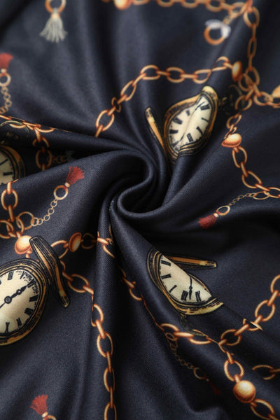 Close up View of Pocket Watch Print Jumpsuit in Black