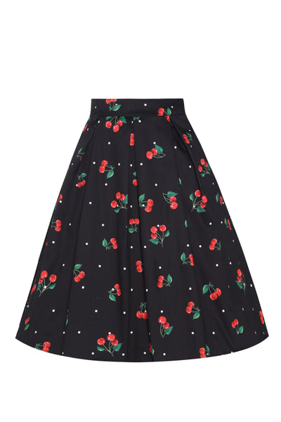 Front view of Polka Dot Cherry Black Flared Skirt