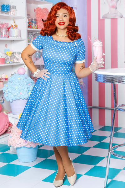 A model wearing a  Polka Dot Circle Dress In Sky Blue