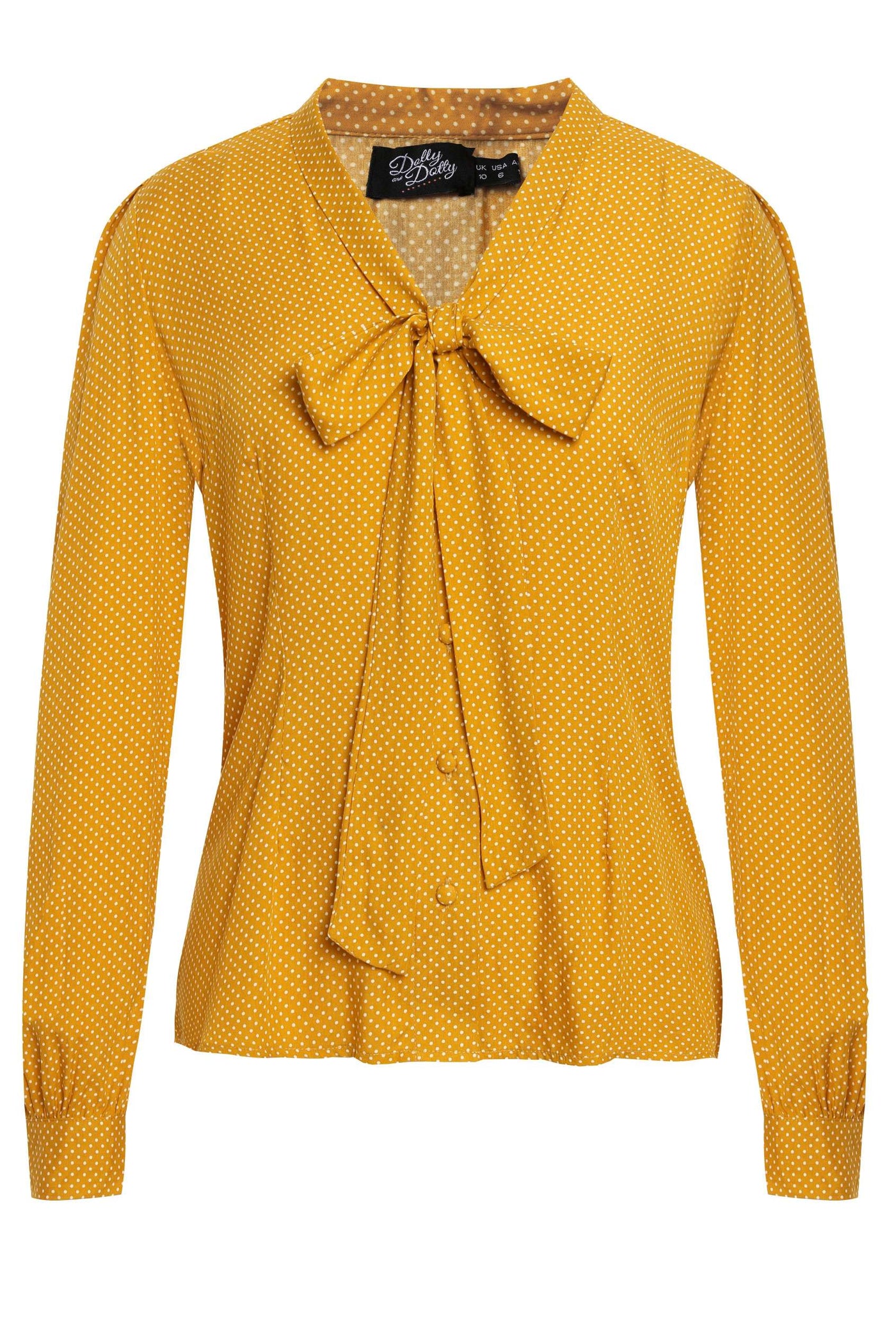 Front view of Margaret Polka Dot Long Sleeved Blouse In Yellow