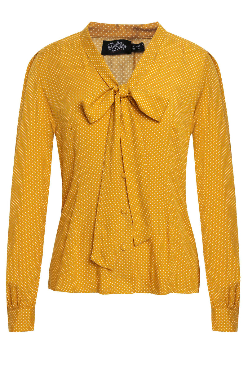 Front view of Margaret Polka Dot Long Sleeved Blouse In Yellow