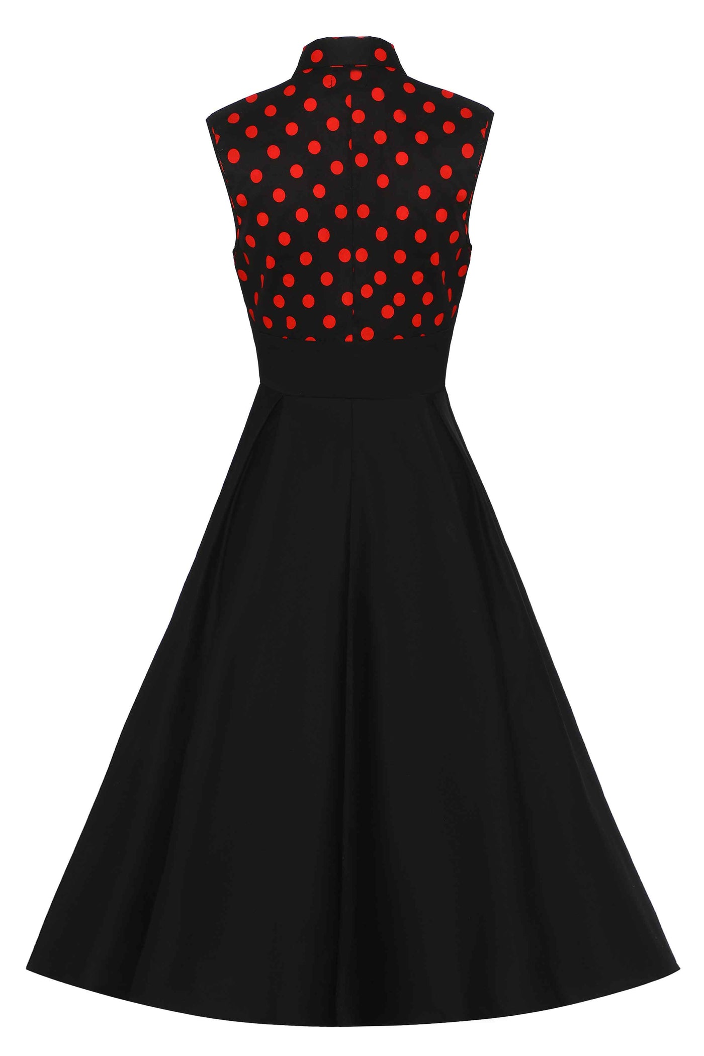 Back view of Polka Dot Shirt Dress in Black and Red