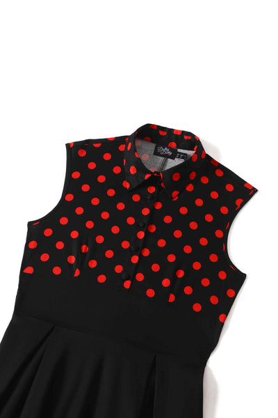 Close up view of Polka Dot Shirt Dress in Black and Red