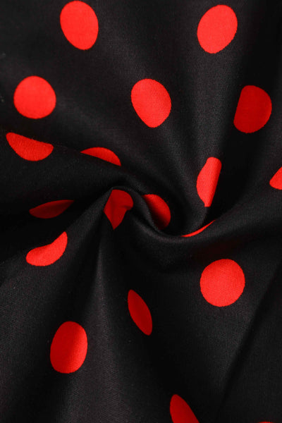 Close up view of Polka Dot Shirt Dress in Black and Red