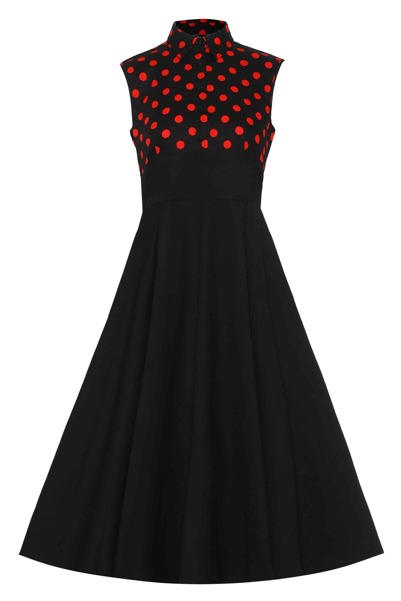 Front view of Polka Dot Shirt Dress in Black and Red