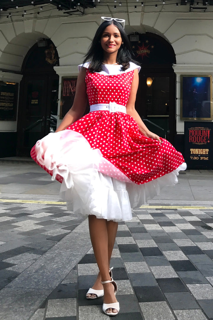 Red ruffle polka dot dress clearance
