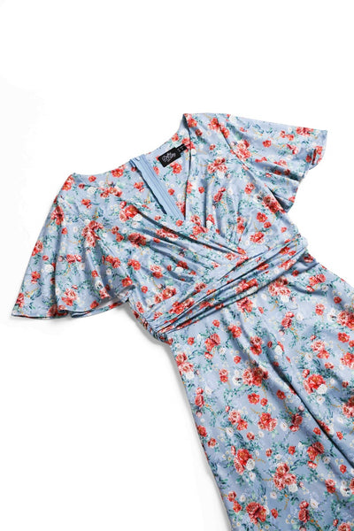 Close up view of Poppy Flowers Day Dress in Baby Blue